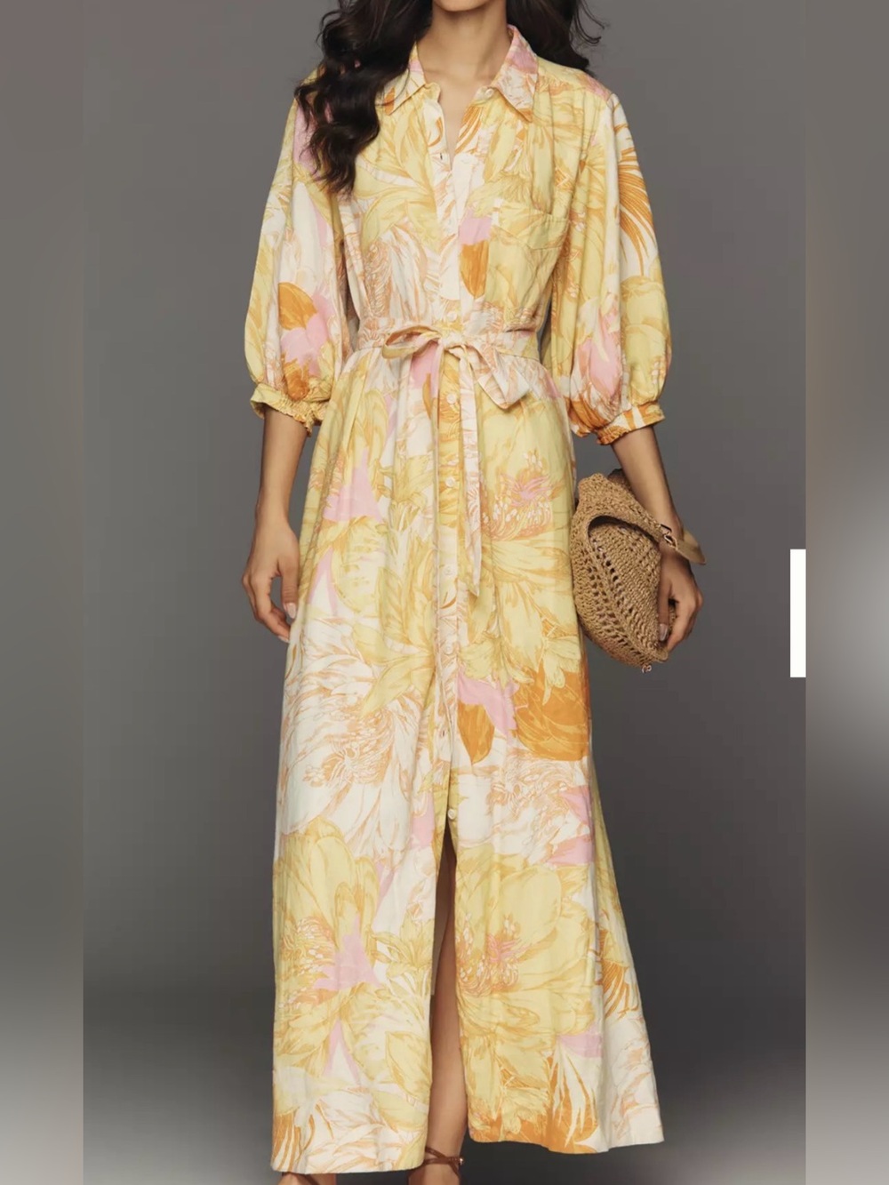 Maeve Anthropologie Pink Flora Linen Blend Maxi Shirt Dress NWT Size Large